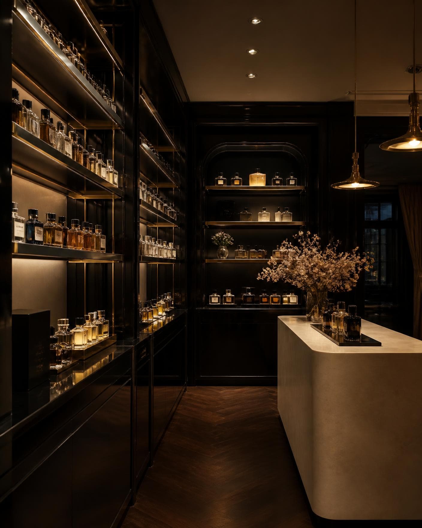 An intimate fragrance boutique lined with dark wood and warmly lit bottles