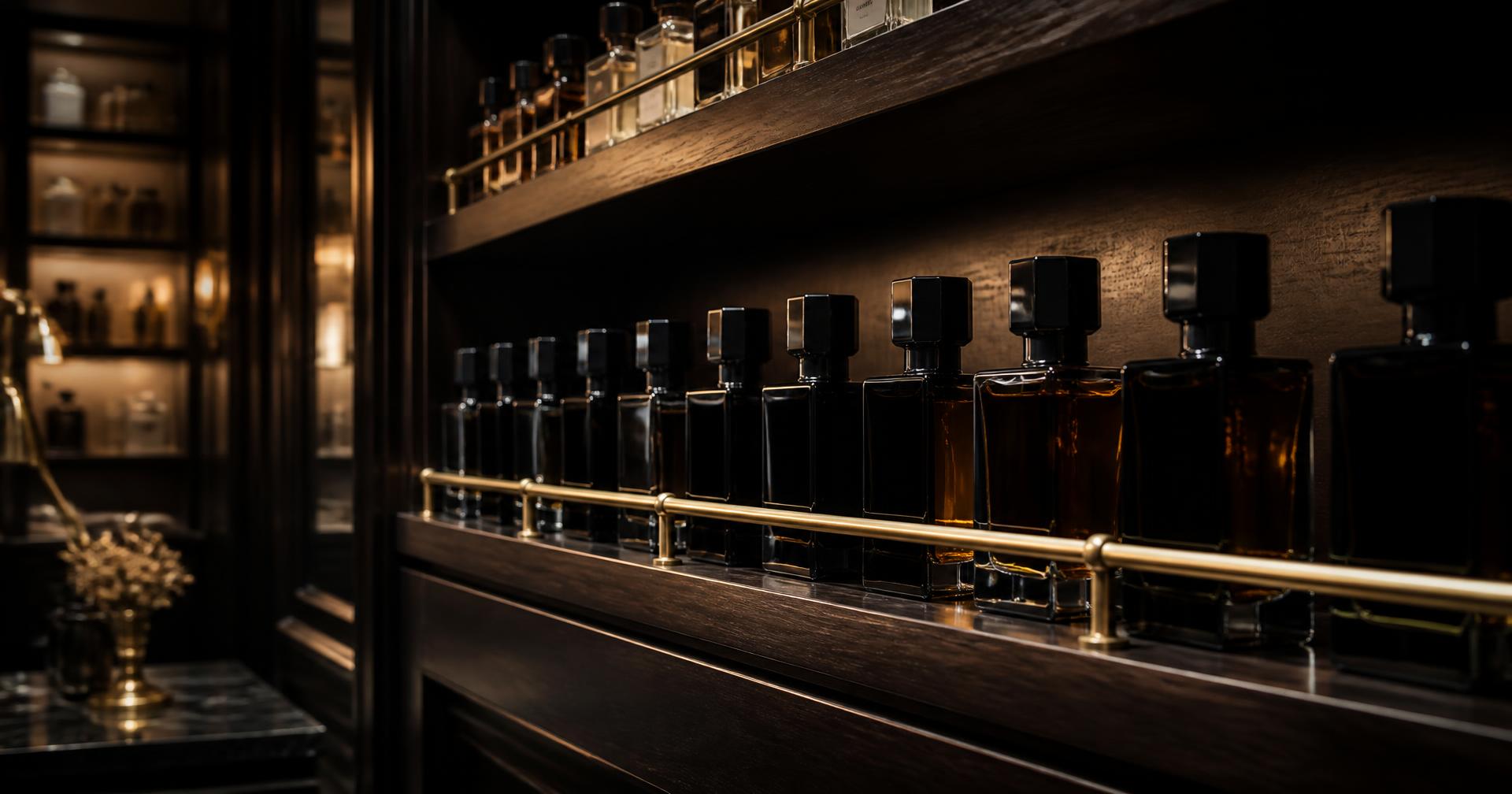 A line of fragrance bottles displayed along a dark wood and brass boutique shelf